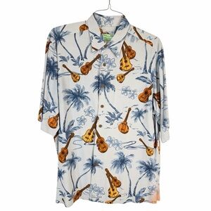 Reyn Spooner Blue and BrownGuitar Print Shirt.